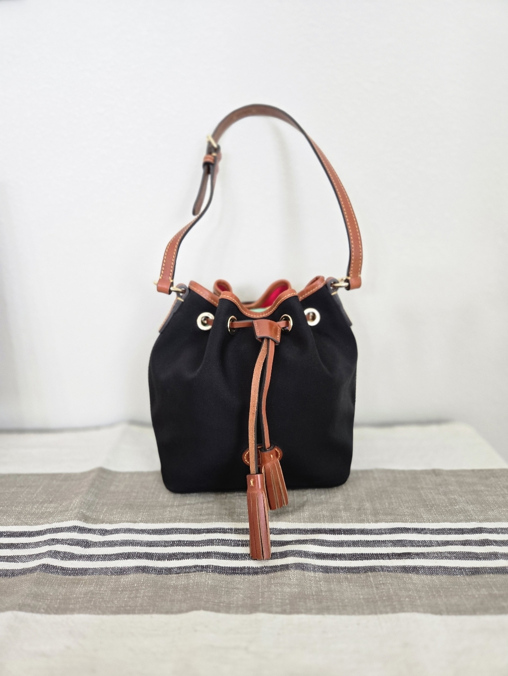 Dooney & Bourke Black Nylon Bucket Bag with Brown Trim and Tassels - Picture 6 of 16